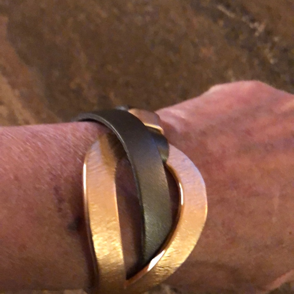 New gold bracelet with pewter leather strap!